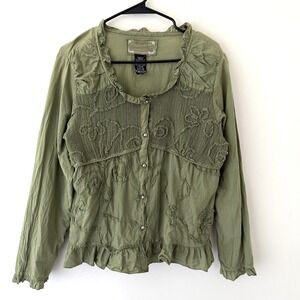 Y2K Women's Top XL Olive Green Cottagecore Earthy Blouse Boho‎ Embroidered